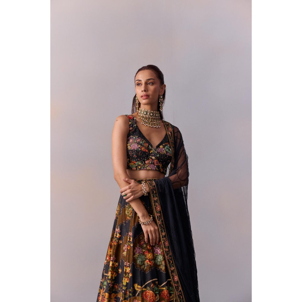 KALISTA Naaz Black Embellished Floral Blouse with Lehenga and Dupatta (Set of 3)