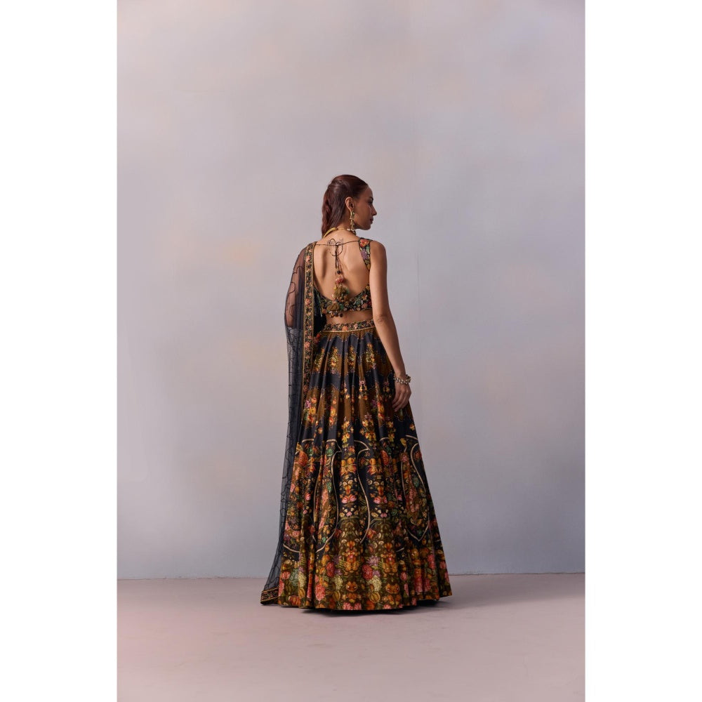 KALISTA Naaz Black Embellished Floral Blouse with Lehenga and Dupatta (Set of 3)