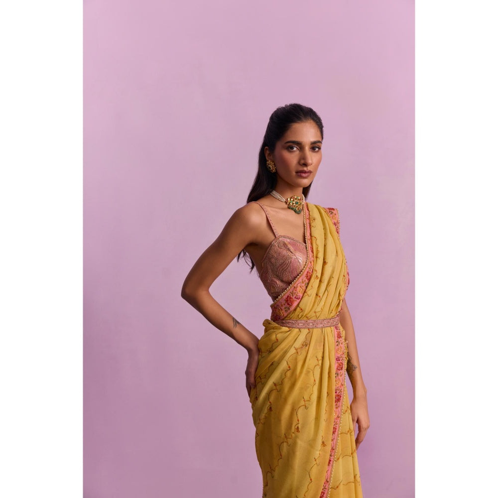 KALISTA Inaya Yellow Embroidered Saree with Stitched Blouse and Belt