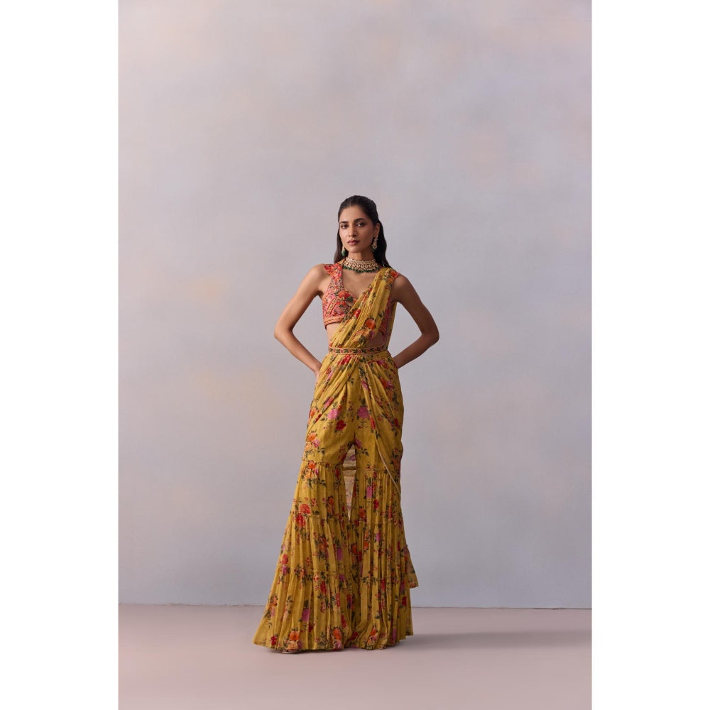 KALISTA Sabia Yellow Floral Pre Drape Saree with Stitched Blouse and Belt