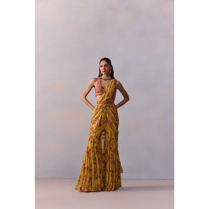 KALISTA Sabia Yellow Floral Pre Drape Saree with Stitched Blouse and Belt