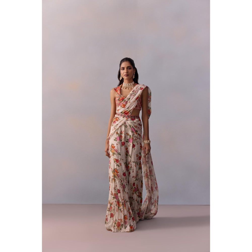 KALISTA Sabia Ivory Floral Pre Drape Saree with Stitched Blouse and Belt