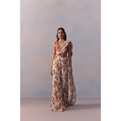 KALISTA Sabia Ivory Floral Pre Drape Saree with Stitched Blouse and Belt