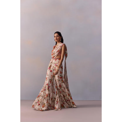 KALISTA Sabia Ivory Floral Pre Drape Saree with Stitched Blouse and Belt