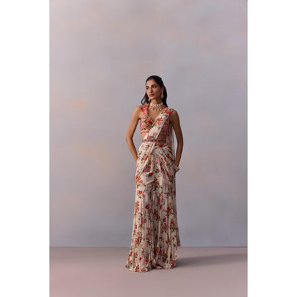 KALISTA Sabia Ivory Floral Pre Drape Saree with Stitched Blouse and Belt