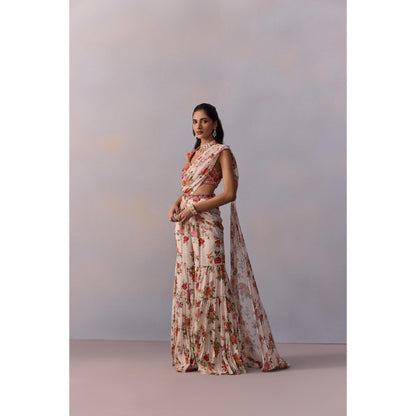 KALISTA Sabia Ivory Floral Pre Drape Saree with Stitched Blouse and Belt