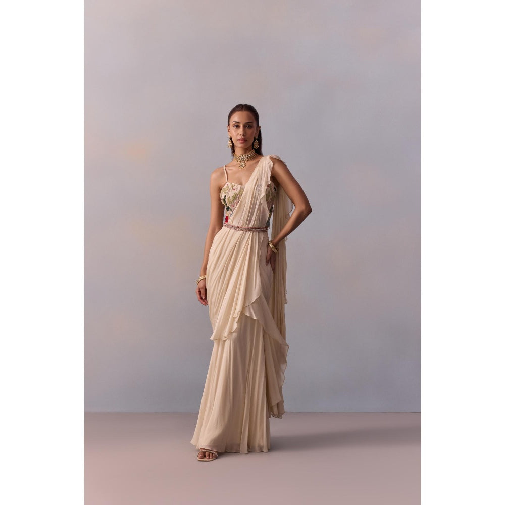 KALISTA Saira Ivory Embellished Ruffle Pre Drape Saree with Stitched Blouse and Belt