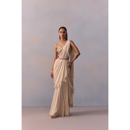 KALISTA Saira Ivory Embellished Ruffle Pre Drape Saree with Stitched Blouse and Belt