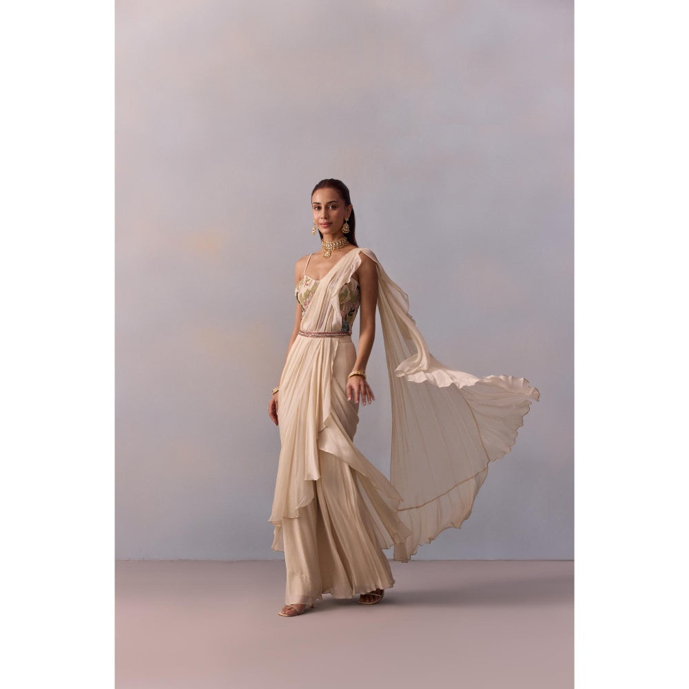 KALISTA Saira Ivory Embellished Ruffle Pre Drape Saree with Stitched Blouse and Belt