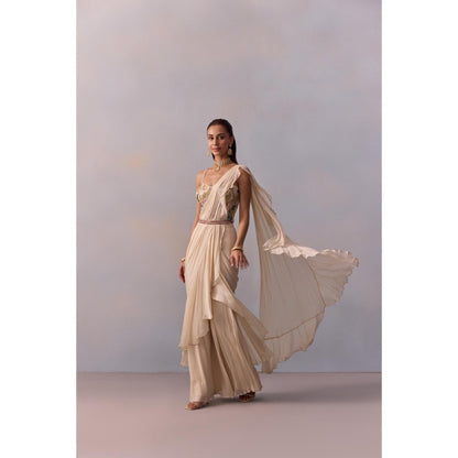 KALISTA Saira Ivory Embellished Ruffle Pre Drape Saree with Stitched Blouse and Belt
