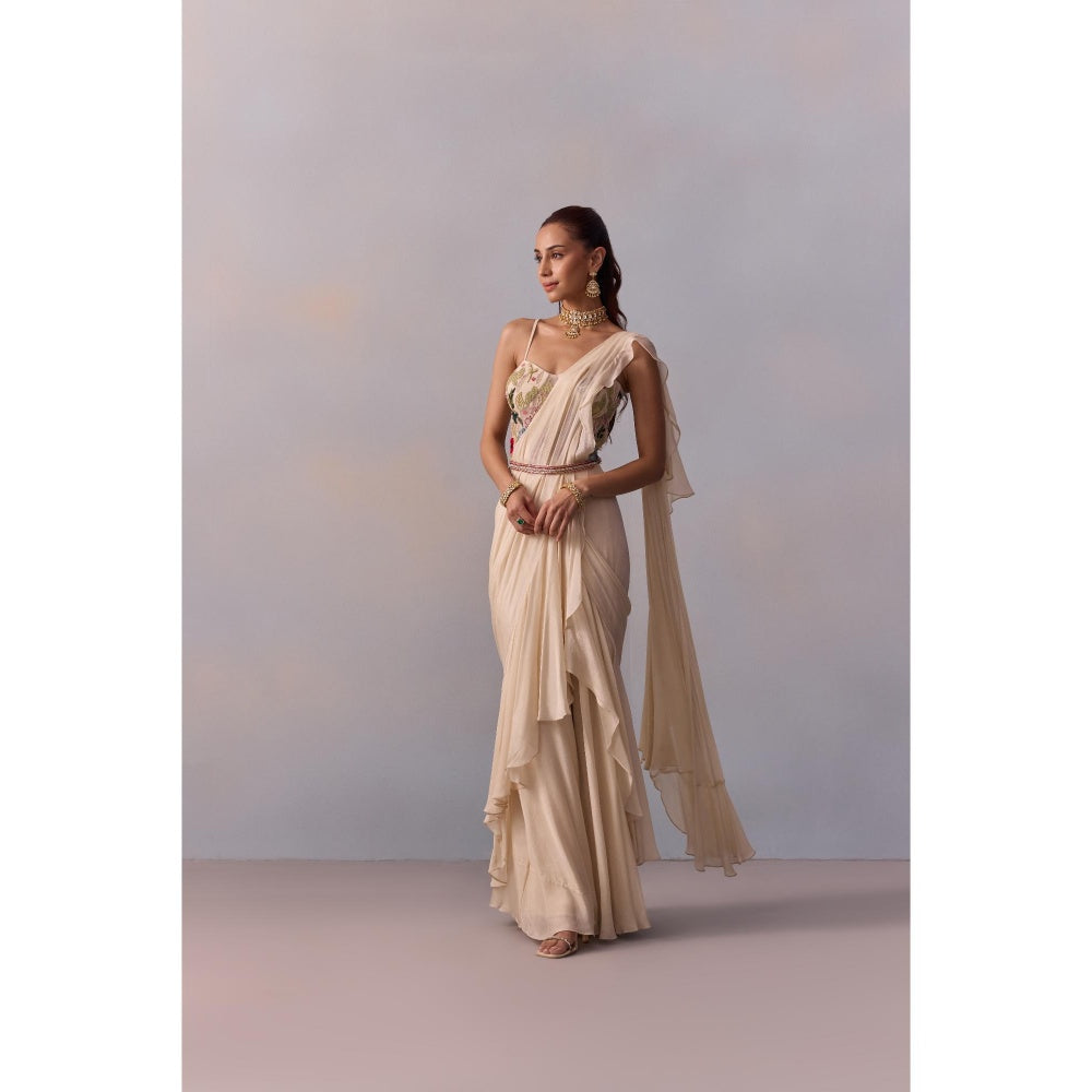 KALISTA Saira Ivory Embellished Ruffle Pre Drape Saree with Stitched Blouse and Belt