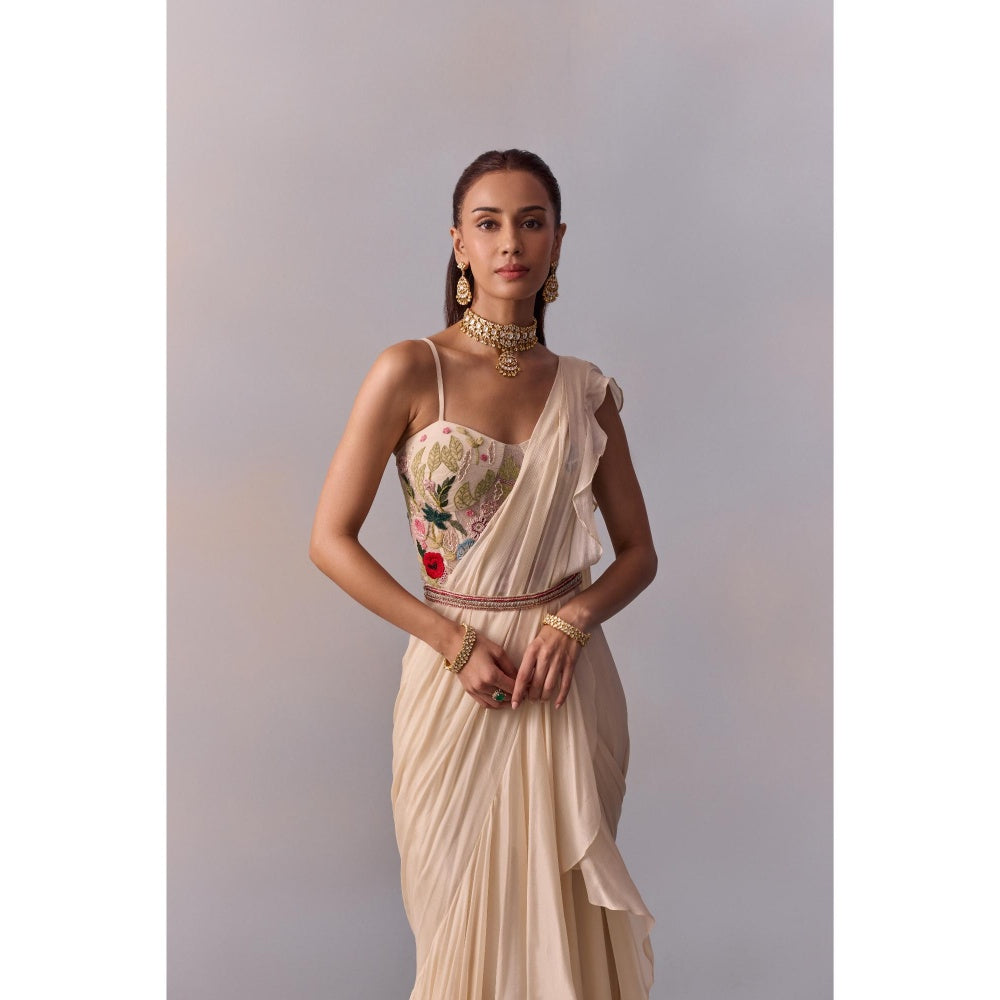 KALISTA Saira Ivory Embellished Ruffle Pre Drape Saree with Stitched Blouse and Belt