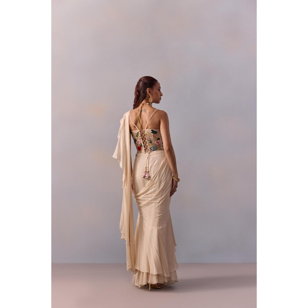 KALISTA Saira Ivory Embellished Ruffle Pre Drape Saree with Stitched Blouse and Belt