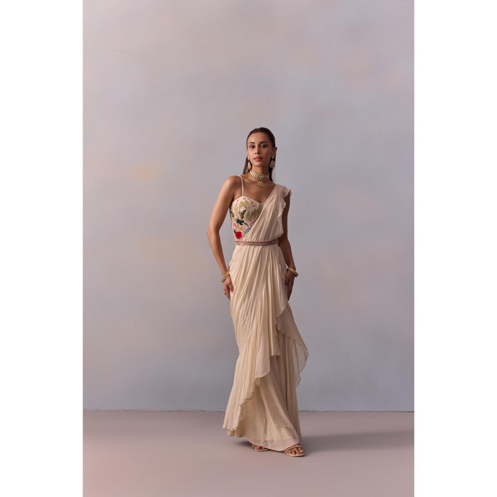 KALISTA Saira Ivory Embellished Ruffle Pre Drape Saree with Stitched Blouse and Belt