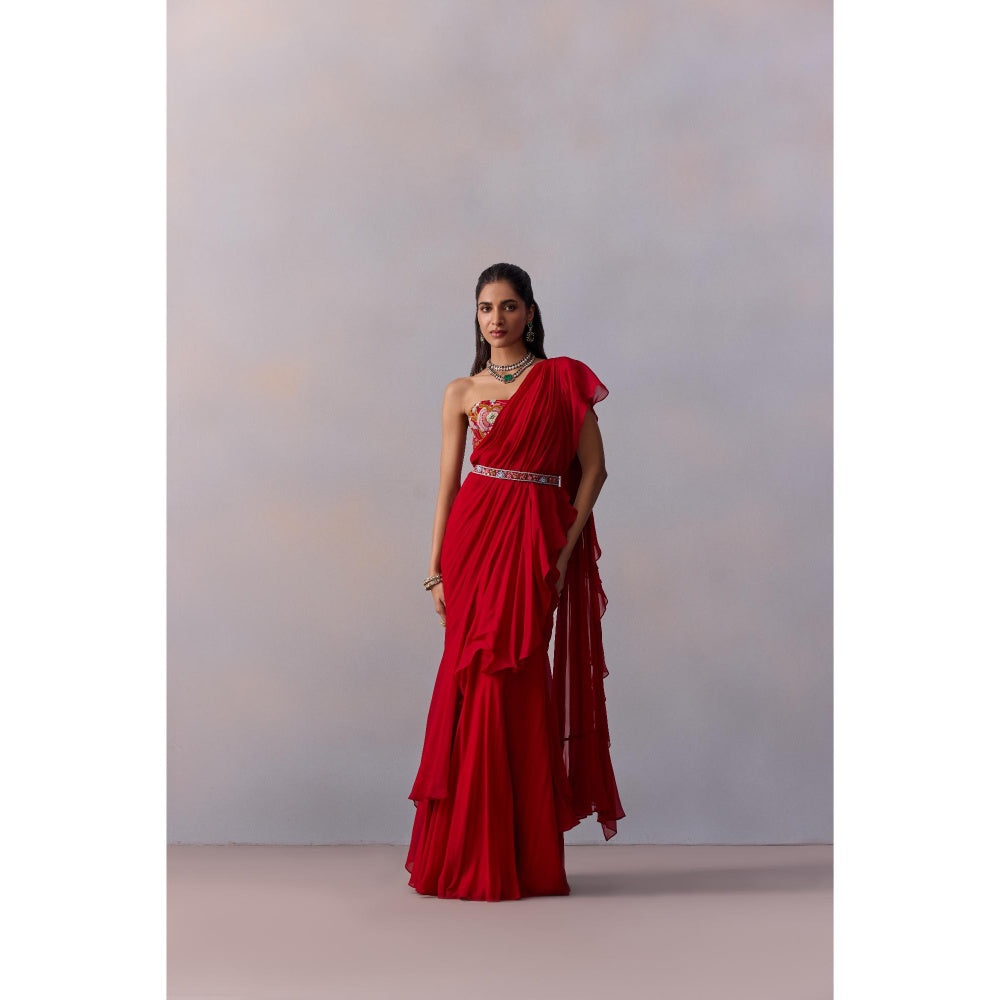 KALISTA Jiah Red Embellished Ruffle Pre Drape Saree with Stitched Blouse and Belt