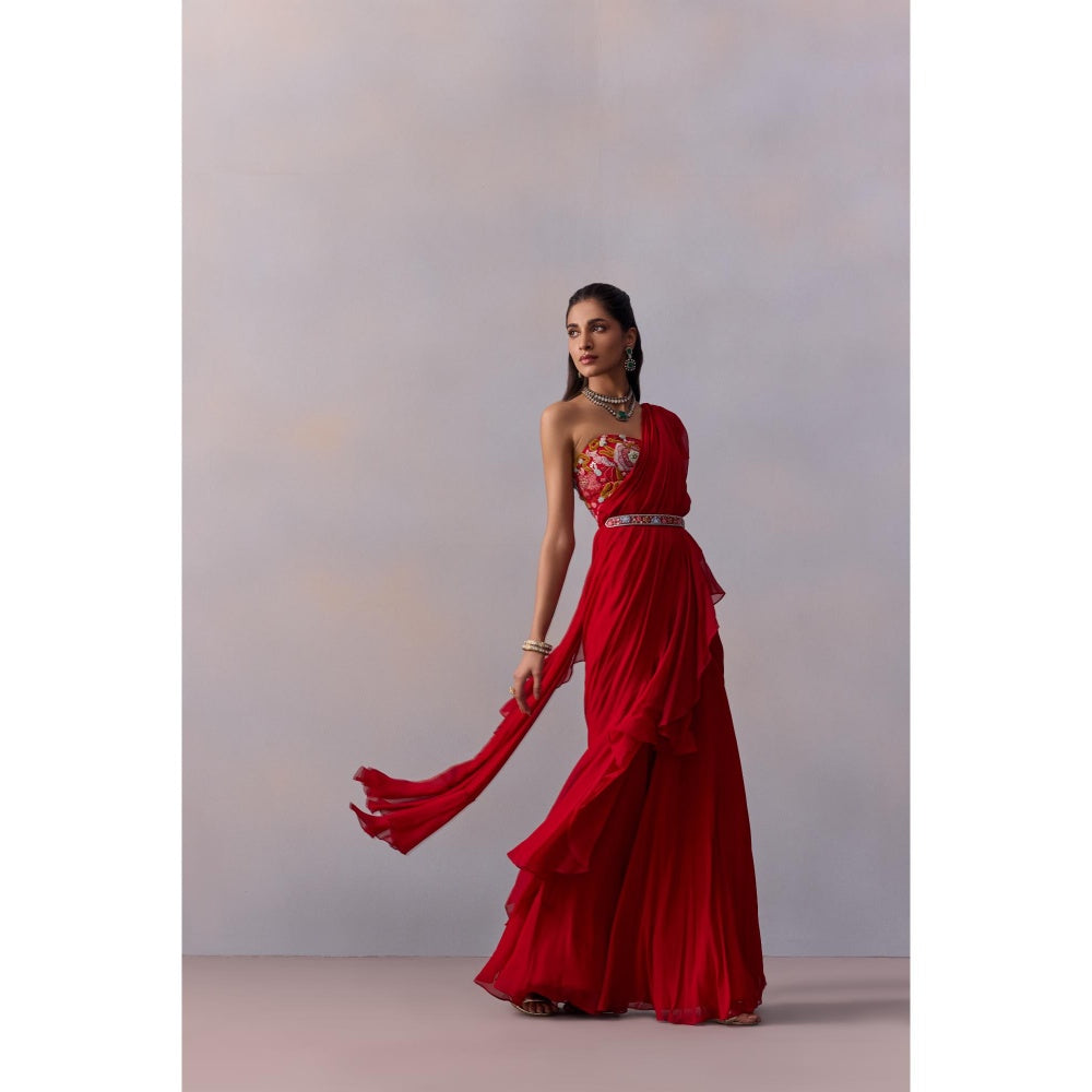 KALISTA Jiah Red Embellished Ruffle Pre Drape Saree with Stitched Blouse and Belt