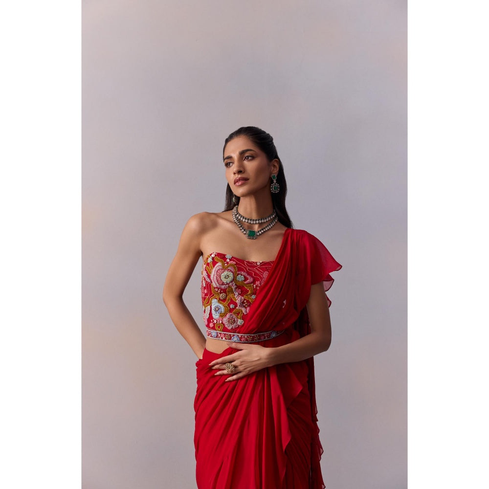 KALISTA Jiah Red Embellished Ruffle Pre Drape Saree with Stitched Blouse and Belt