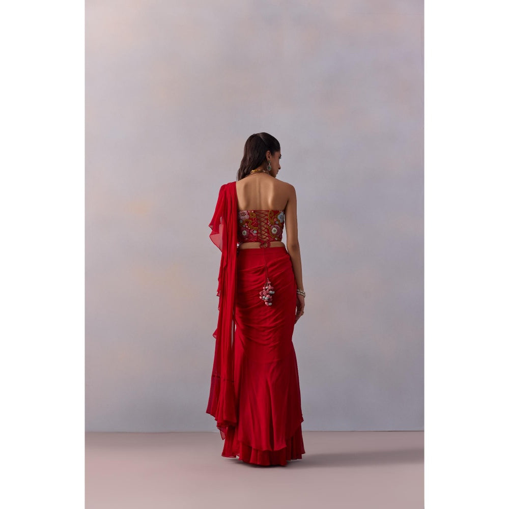 KALISTA Jiah Red Embellished Ruffle Pre Drape Saree with Stitched Blouse and Belt
