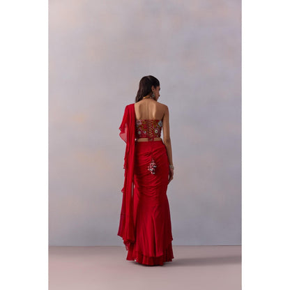 KALISTA Jiah Red Embellished Ruffle Pre Drape Saree with Stitched Blouse and Belt