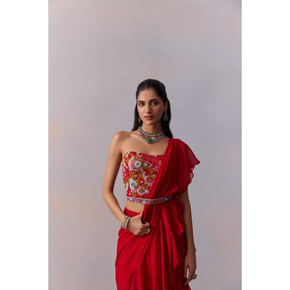 KALISTA Jiah Red Embellished Ruffle Pre Drape Saree with Stitched Blouse and Belt