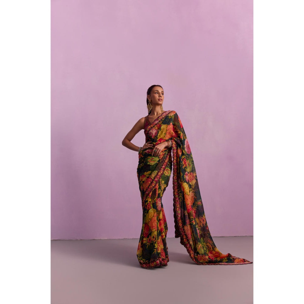 KALISTA Ruhie Multicolour Embroidered Saree with Stitched Blouse and Belt
