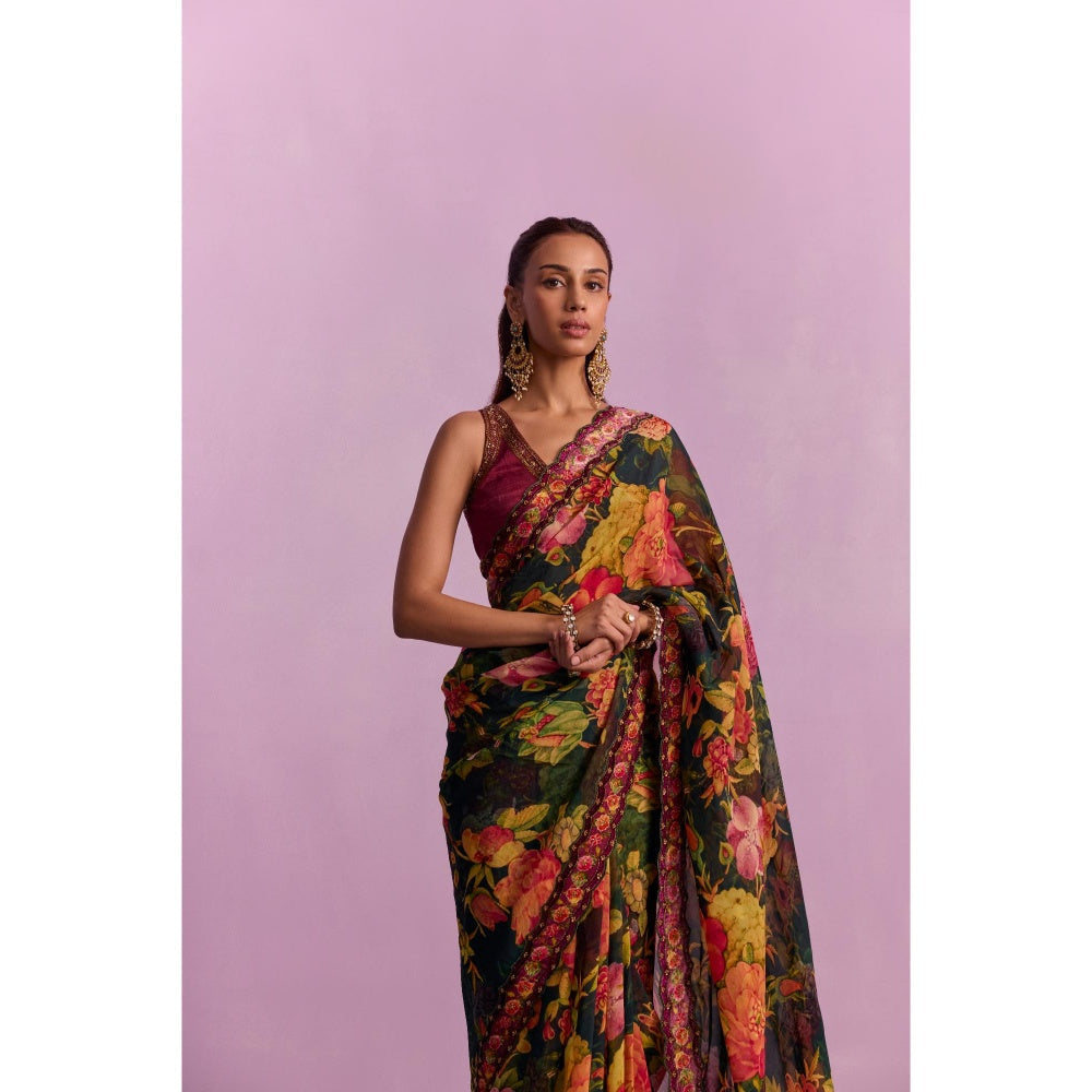 KALISTA Ruhie Multicolour Embroidered Saree with Stitched Blouse and Belt