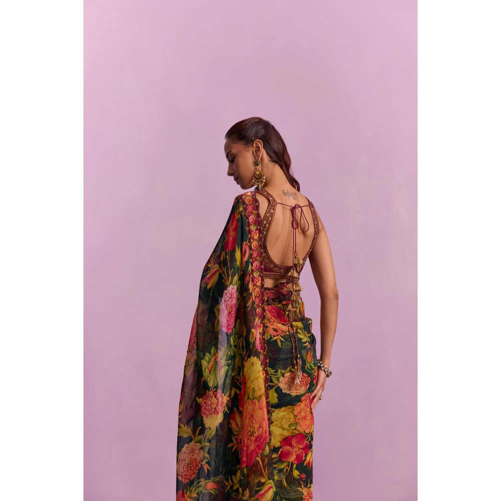 KALISTA Ruhie Multicolour Embroidered Saree with Stitched Blouse and Belt