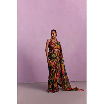 KALISTA Ruhie Multicolour Embroidered Saree with Stitched Blouse and Belt
