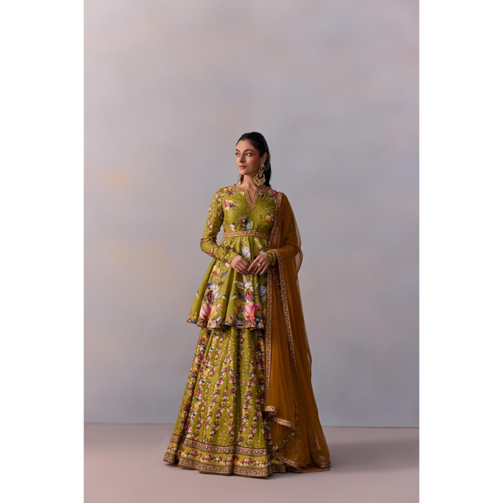 KALISTA Women's Taisha Olive Green Classic Peplum Kurta with Lehenga and Dupatta (Set of 3)