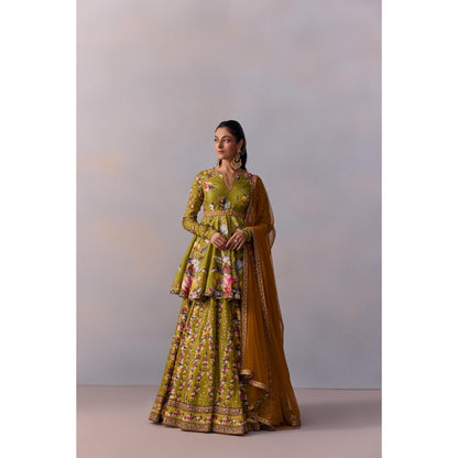 KALISTA Women's Taisha Olive Green Classic Peplum Kurta with Lehenga and Dupatta (Set of 3)