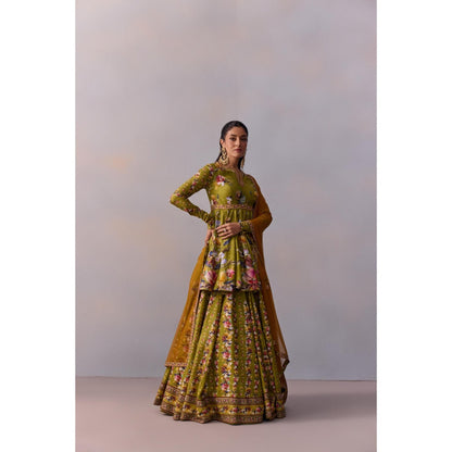 KALISTA Women's Taisha Olive Green Classic Peplum Kurta with Lehenga and Dupatta (Set of 3)