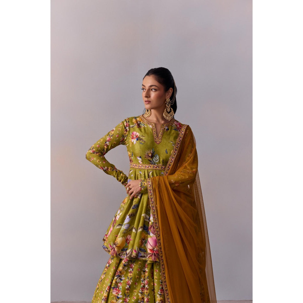 KALISTA Women's Taisha Olive Green Classic Peplum Kurta with Lehenga and Dupatta (Set of 3)