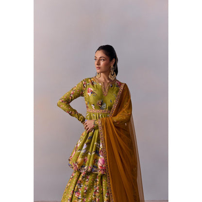 KALISTA Women's Taisha Olive Green Classic Peplum Kurta with Lehenga and Dupatta (Set of 3)