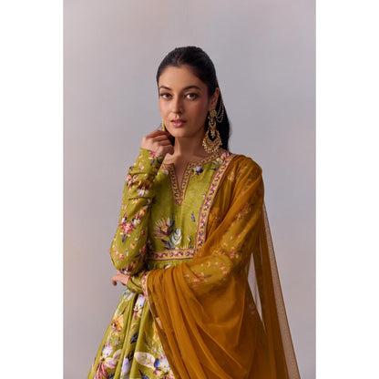 KALISTA Women's Taisha Olive Green Classic Peplum Kurta with Lehenga and Dupatta (Set of 3)