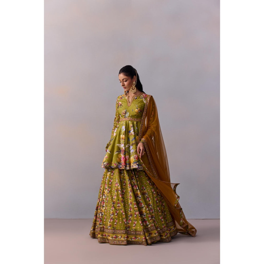 KALISTA Women's Taisha Olive Green Classic Peplum Kurta with Lehenga and Dupatta (Set of 3)