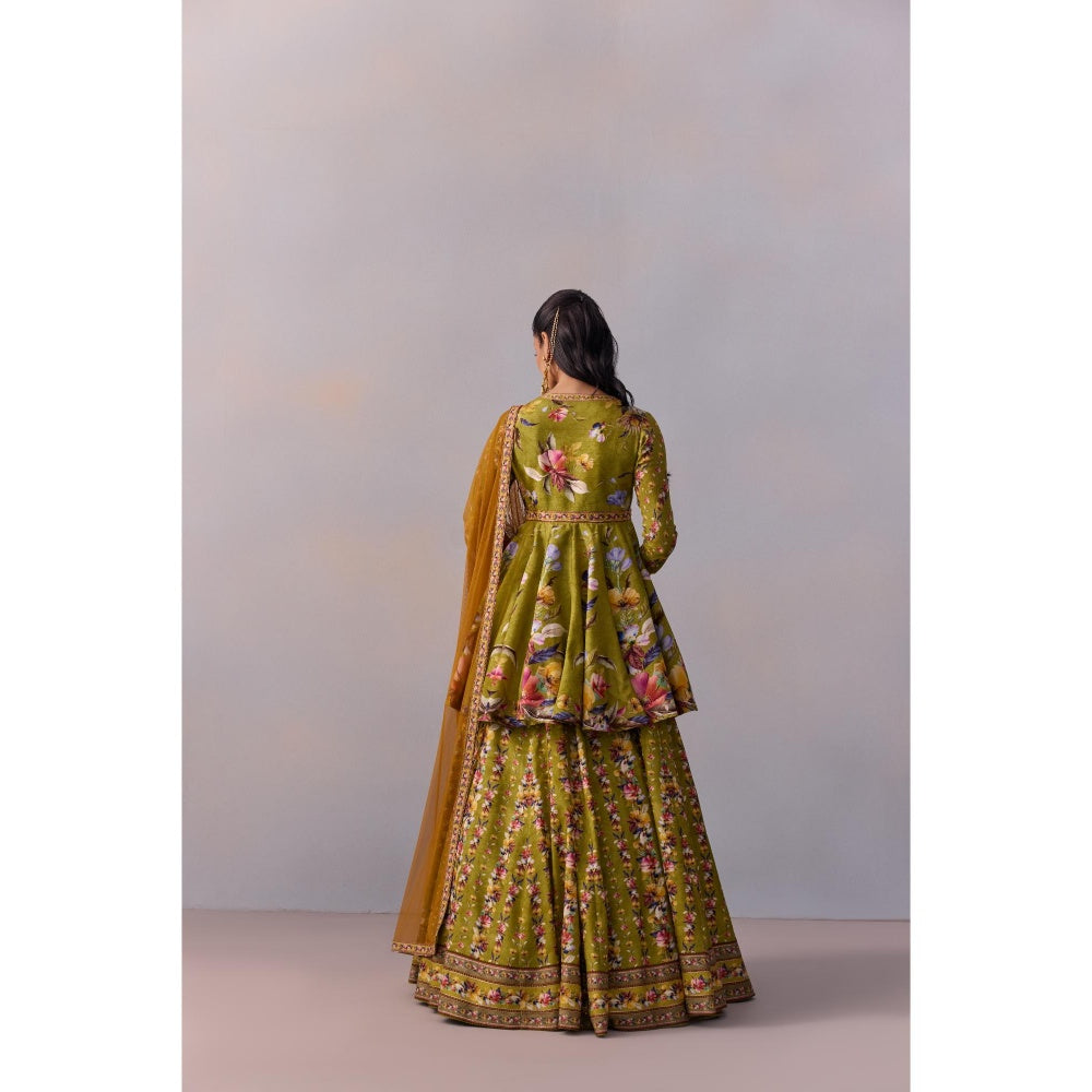 KALISTA Women's Taisha Olive Green Classic Peplum Kurta with Lehenga and Dupatta (Set of 3)