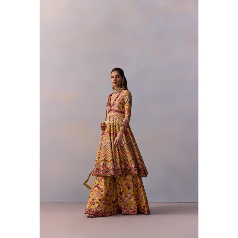 KALISTA Kushnaz Multicolour Floral Embellished Kurta with Sharara and Dupatta (Set of 3)