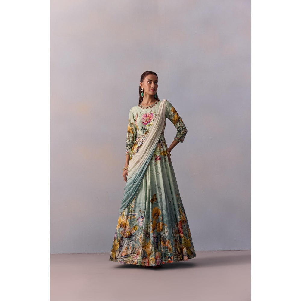 KALISTA Sanaah Sea Green Floral Embellished Anarkali with Dupatta (Set of 2)