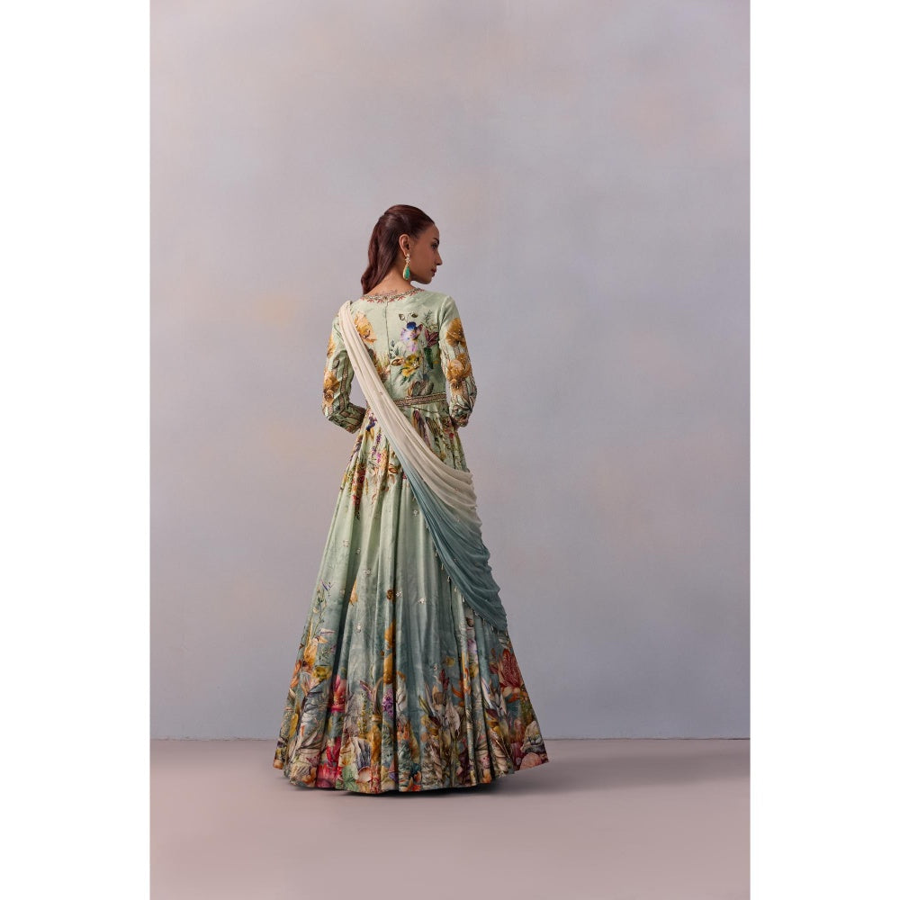 KALISTA Sanaah Sea Green Floral Embellished Anarkali with Dupatta (Set of 2)