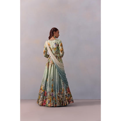 KALISTA Sanaah Sea Green Floral Embellished Anarkali with Dupatta (Set of 2)