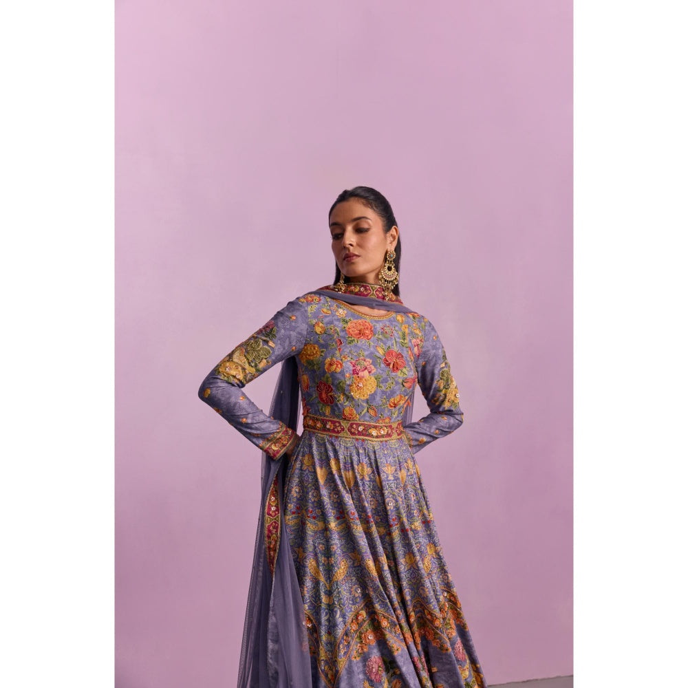 KALISTA Tahira Purple Floral Embellished Anarkali with Dupatta (Set of 2)