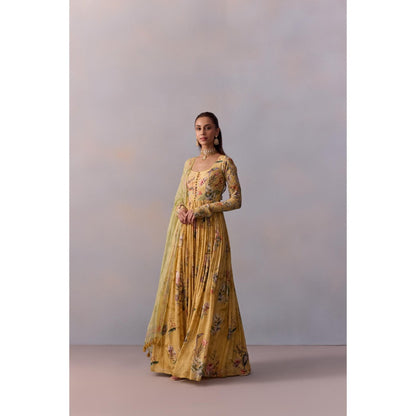 KALISTA Pavika Lemon Yellow Floral Embellished Anarkali with Dupatta (Set of 2)