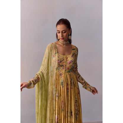KALISTA Pavika Lemon Yellow Floral Embellished Anarkali with Dupatta (Set of 2)