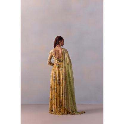 KALISTA Pavika Lemon Yellow Floral Embellished Anarkali with Dupatta (Set of 2)