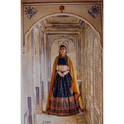 KALISTA Navy Blue Zenat Lehenga with Blouse and Dupatta (Set of 3)