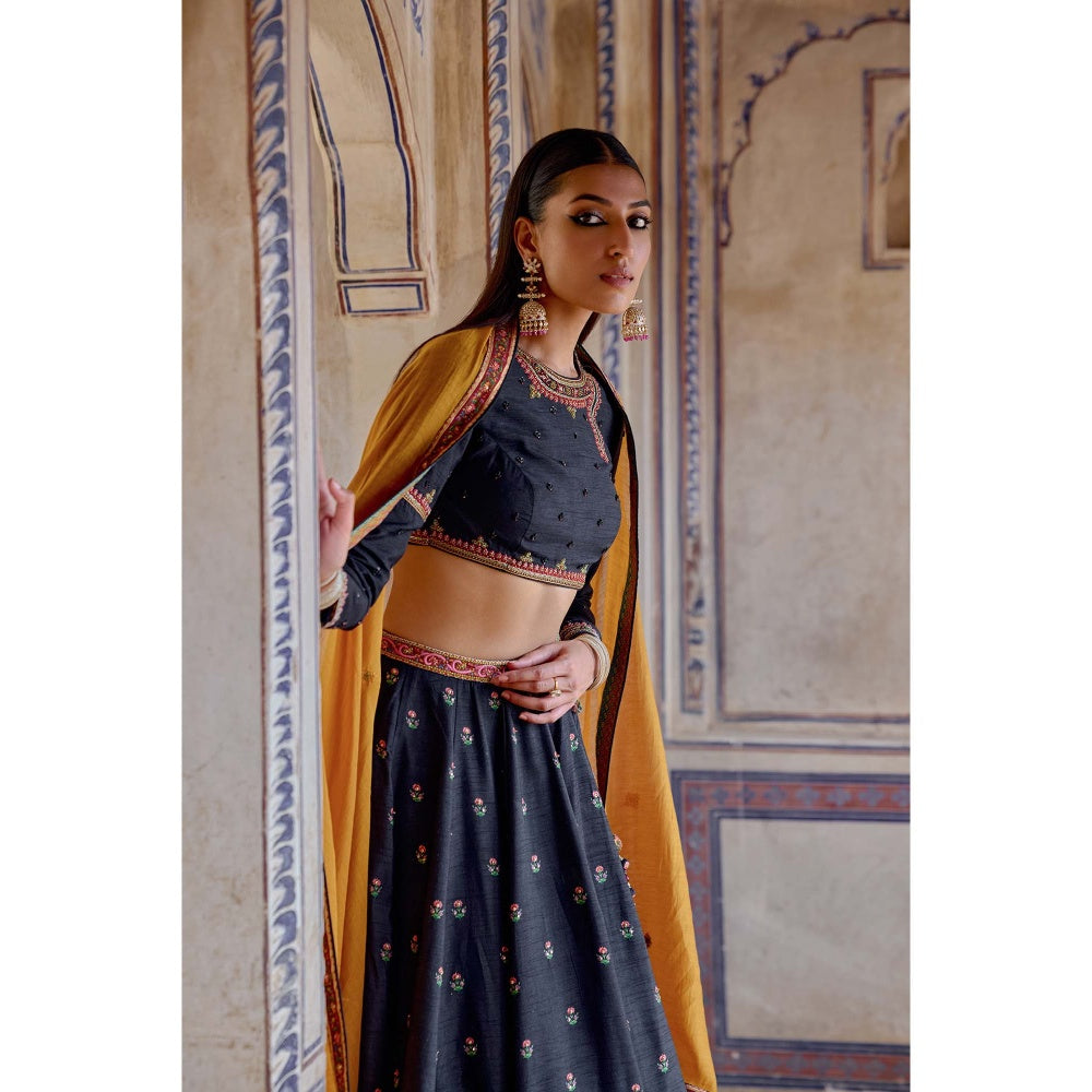 KALISTA Navy Blue Zenat Lehenga with Blouse and Dupatta (Set of 3)