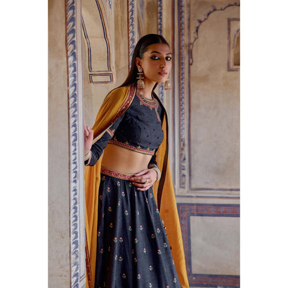 KALISTA Navy Blue Zenat Lehenga with Blouse and Dupatta (Set of 3)