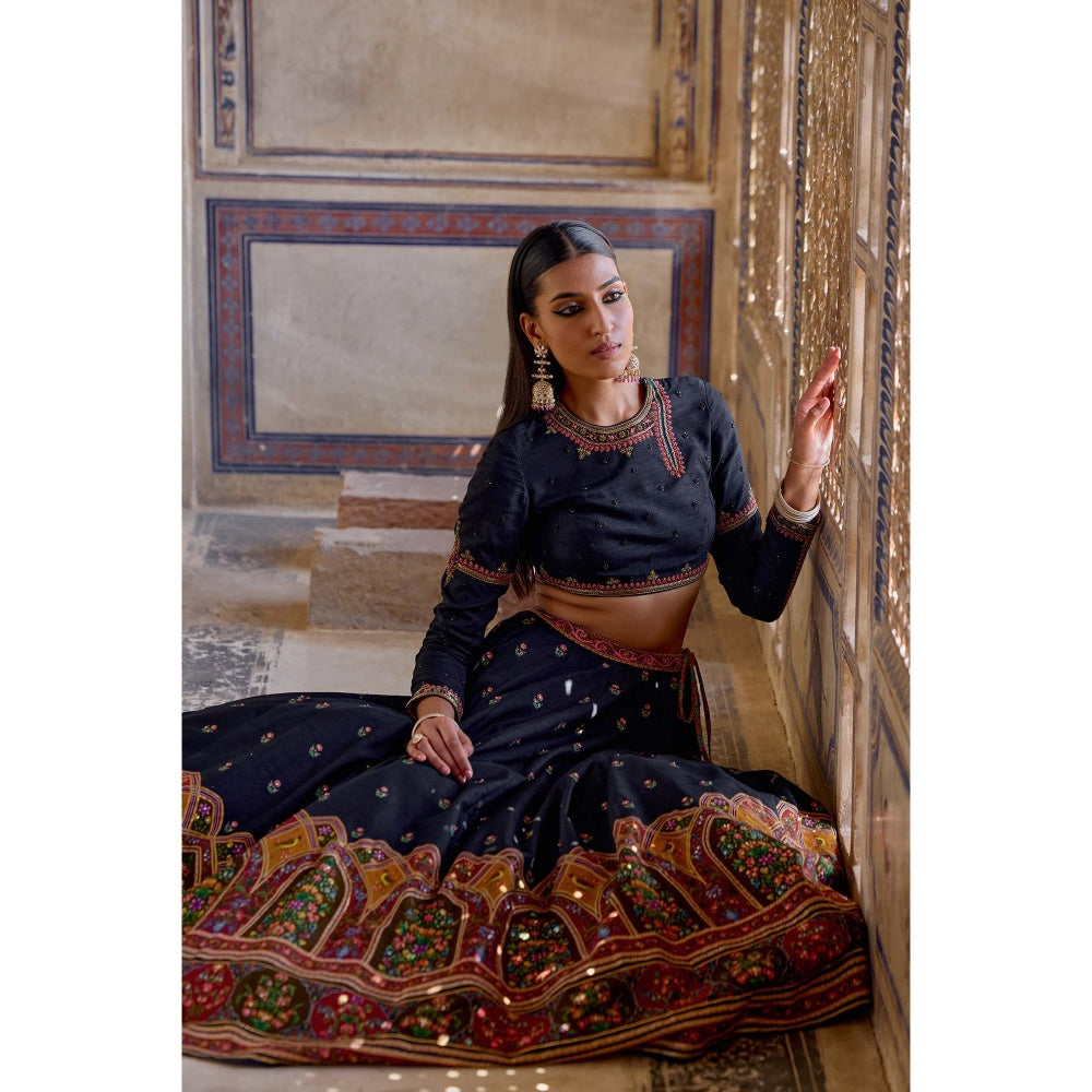 KALISTA Navy Blue Zenat Lehenga with Blouse and Dupatta (Set of 3)