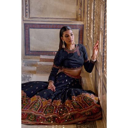 KALISTA Navy Blue Zenat Lehenga with Blouse and Dupatta (Set of 3)