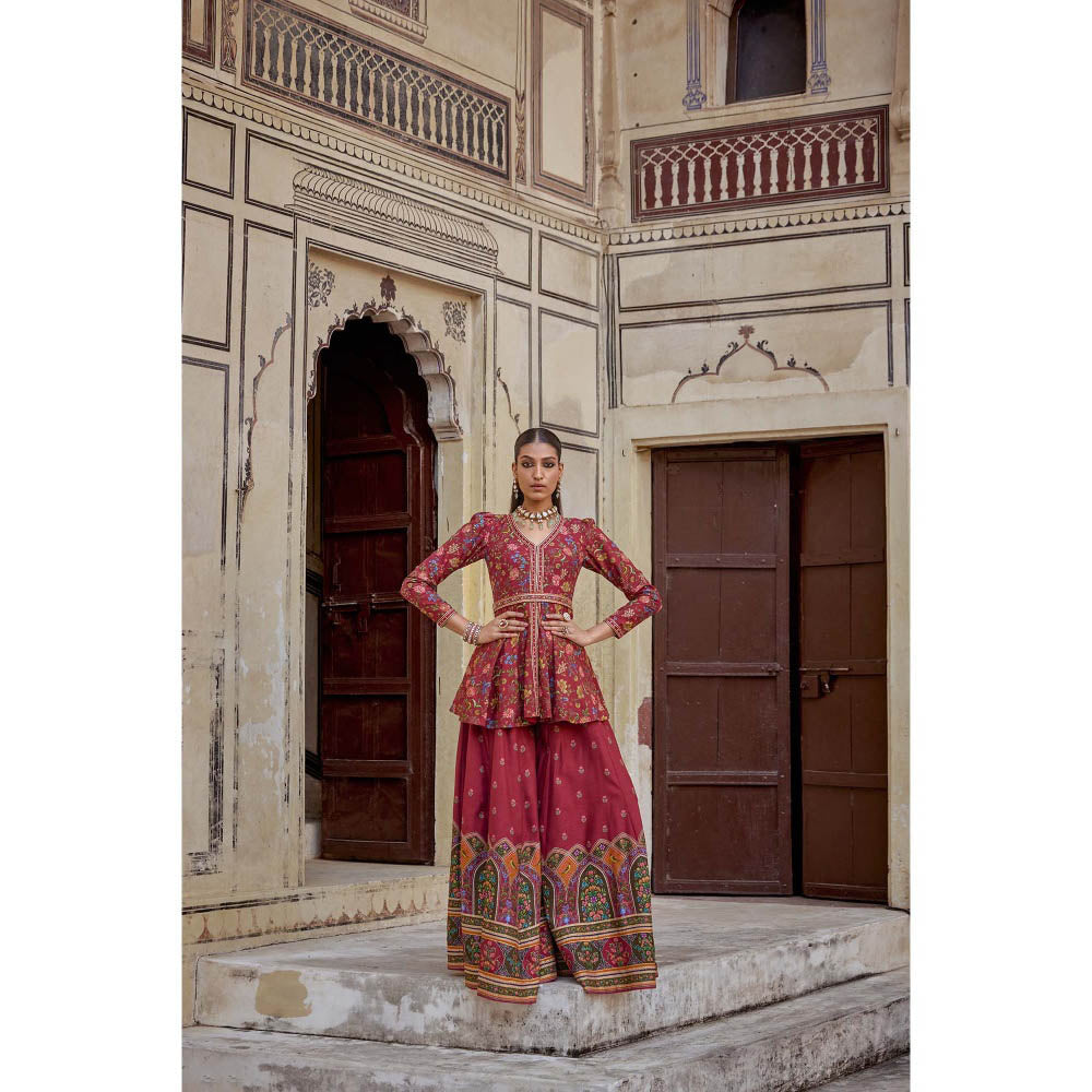 KALISTA Red Amber Palazzo with Peplum Top and Belt (Set of 2)
